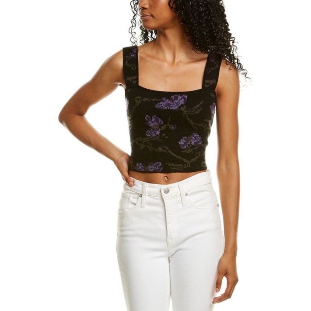 Vince Black Knit Floral Cropped Tank with Purple Accents